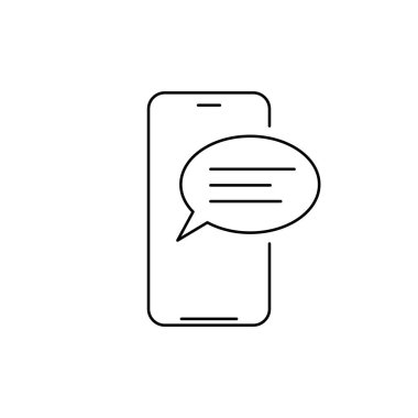 Cep telefonu sohbet mesaj hattı simgesi. Mobil konsept ve web tasarımı için doğrusal biçim işareti. Akıllı telefon ve konuşma kabarcığı vektör simgesi. Vektör illüstrasyonu beyaz arkaplanda izole edildi.