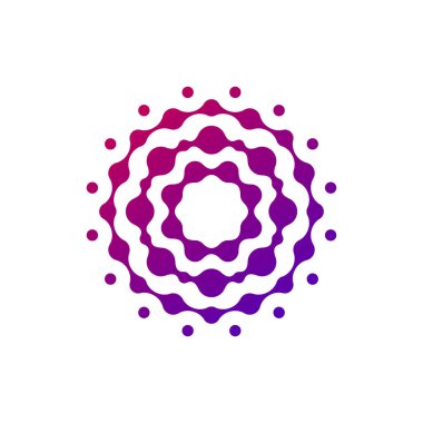 Soyut moleküler çember logosu. Birleştirilmiş noktalar kimya logosu. Virüs Güneşi veya Çiçek ikonu. Stok vektör illüstrasyonu beyaz arkaplanda izole edildi.