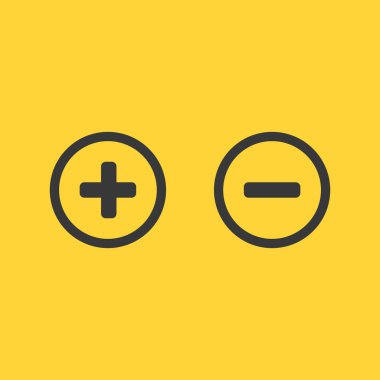 Artı ve eksi dairesel olarak elektrik devresi darbeyle bağlantılı. Sarı arkaplanda izole edilmiş vektör illüstrasyonu.