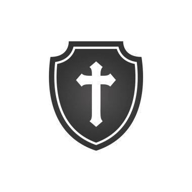 Hıristiyan haçı ve inanç kalkanı. Hıristiyan kilisesi vektör logosu. Misyoner ikonu. Dini sembol. Koruma, güvenlik, güvenlik işareti.