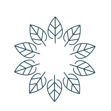 Doğrusal organik ve doğal amblem ve logo tasarım şablonu, ekoloji kavramı, yaprakları ile yapılan daire. Beyaz arka plan üzerinde izole vektör çizim.