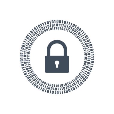 Dijital kilit ve ikili bir ve sıfır basamak etrafında bir dairede. siber güvenlik kavramı. Dijital daire. Beyaz arka plan üzerinde izole vektör çizim.