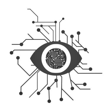 Elektrik anakart devre geleceğin teknolojisi, göz siber güvenlik kavramı, beyaz arka plan üzerinde izole vektör çizim.