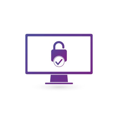 İşaretli Simge ile güvenlik bilgisayar kilidi, şifre korumalı veri konsepti. Beyaz arkaplanda vektör çizimi izole edildi. temiz tasarım.