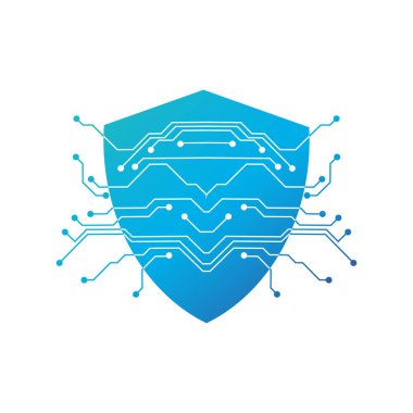 Siber Güvenlik Konsepti, Devre Aracı Dijital Hatları Kalkanı. Vektör illüstrasyonu beyaz arkaplanda izole edildi.