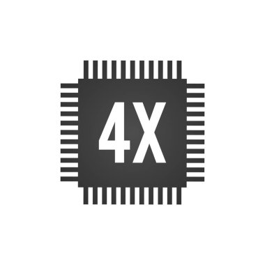 İşlemci merkezi işlem birimi, 4x hız, bilgisayar çipi veya mikroçip simgesi. Beyaz arkaplanda izole edilmiş vektör illüstrasyonu.