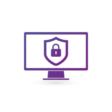 Gdpr Genel Veri Koruma Yönetmeliği, bilgisayar ekranında büyük bir kilit ve kalkan. Beyaz arkaplanda izole edilmiş vektör illüstrasyonu.