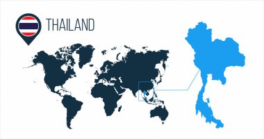Tayland haritası bir dünya haritasında bayrak ve harita işaretleyicisi veya pimi ile yer almaktadır. Bilgi haritası. Vektör illüstrasyonu beyaz arkaplanda izole edildi.