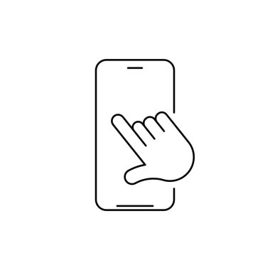 Vektör doğrusal telefon ve ekranda elle dinleme özelliği olan teknoloji simgesi. Dokunmatik ekran teknolojisi. Vektör illüstrasyonu beyaz arkaplanda izole edildi.