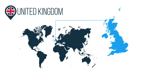 Reino Unido ubicación mapa vectorial moderno para infografías. Todos los países del mundo sin nombres. bandera redonda en el pin o marcador del mapa. ilustración vectorial sobre fondo despojado . — Vector de stock