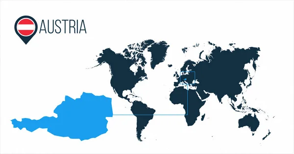 Austria posizione moderna mappa vettoriale per l'infografica. Tutti i paesi del mondo senza nomi. Austria bandiera rotonda nel pin mappa o marcatore. illustrazione vettoriale su sfondo spogliato . — Vettoriale Stock