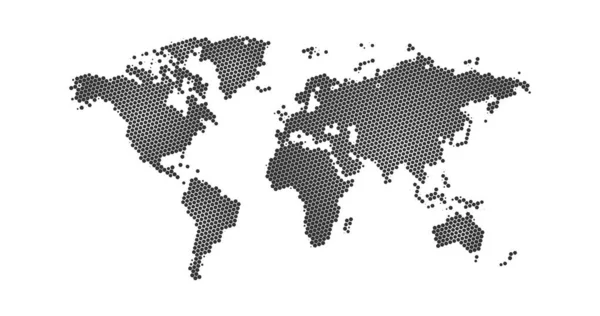 Meia tonalidade negra hexágono pontilhado mapa do mundo. Ilustração vetorial. Mapa pontilhado em design plano. Ilustração vetorial isolada sobre fundo branco —  Vetores de Stock