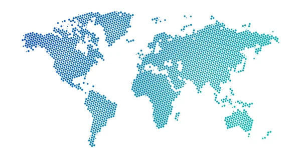 Mezza tonalità nera punteggiata mappa blu del mondo gradiente. Illustrazione vettoriale. Mappa punteggiata a disegno piatto. Illustrazione vettoriale isolata su sfondo bianco — Vettoriale Stock