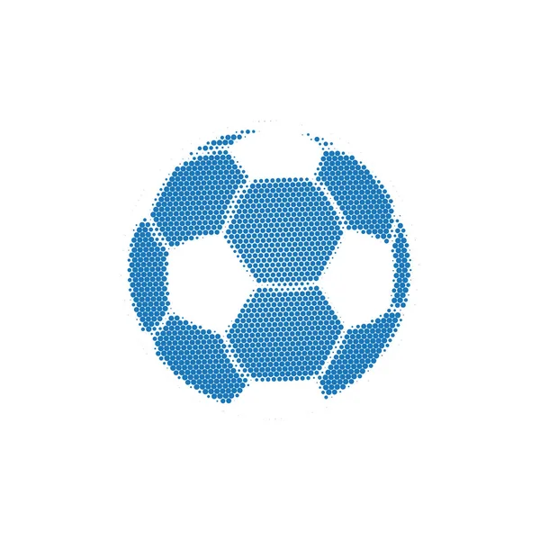 Blue Halftone Football con puntini. Pallone da calcio volante. Illustrazione vettoriale isolata su sfondo bianco — Vettoriale Stock