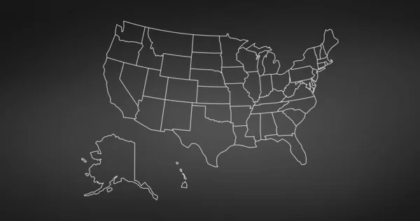 Zwarte dunne lijn USA kaart contour. Infographic-element voor onderwijs. Stroke vlakke stijl ontwerp. Vector illustratie geïsoleerd op zwarte achtergrond — Stockvector
