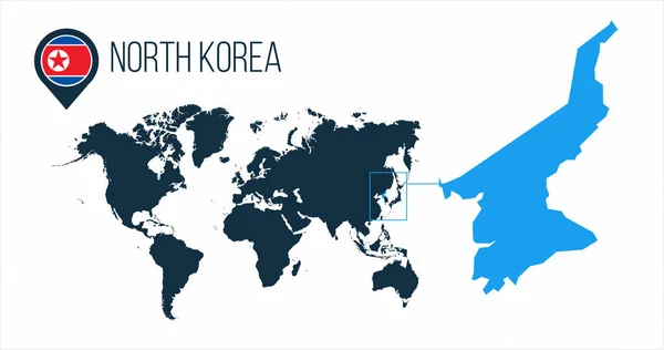 Corea del Norte mapa situado en un mapa del mundo con la bandera y el mapa puntero o pin. Mapa infográfico. Ilustración vectorial aislada sobre fondo blanco . — Vector de stock