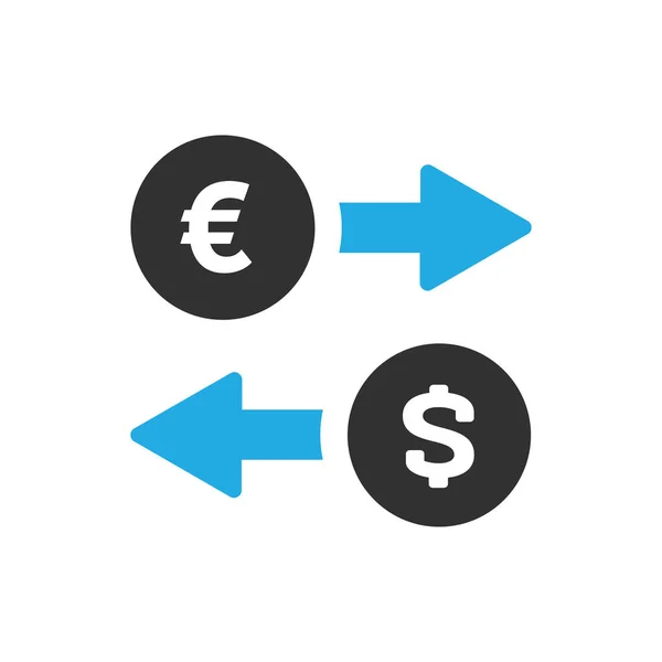 白い背景に分離されたトレンディなフラット スタイルのお金交換アイコン。青色の矢印でユーロとドル記号。ベクトル図. — ストックベクタ