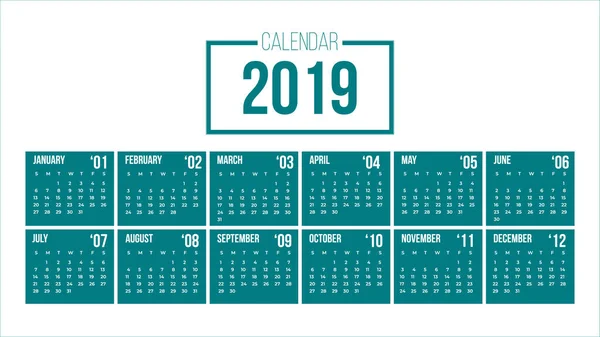 Vector de 2019 calendario de año nuevo en la tabla mínima limpia simple en color moderno, planificador de eventos de vacaciones, Semana comienza el domingo . — Vector de stock