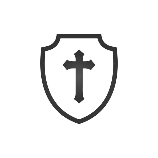 Krzyż chrześcijański i tarcza wiary. Logo wektora kościoła chrześcijańskiego. Ikona misyjna. Symbol religijny. Ochrona, bezpieczeństwo, znak bezpieczeństwa. — Wektor stockowy