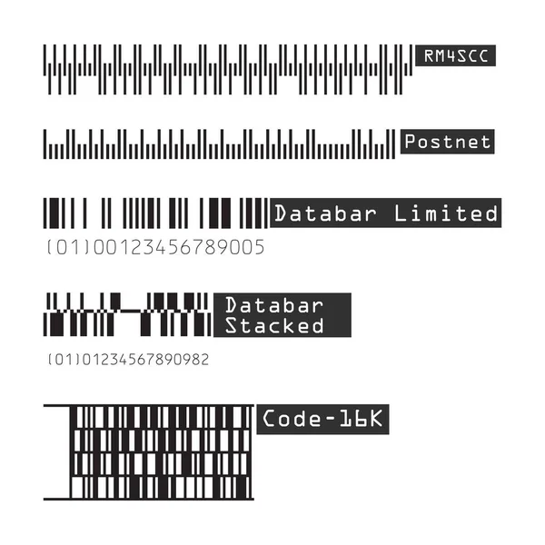 Affärs streckkoder och Qr koder vektor uppsättning. Rm4scc, Postnet, Databar Limited, Stacked, kod 16k. Svart randig kod för digital identifiering, illustration av monokrom design qr kod. — Stock vektor