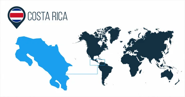Mapa de Costa Rica ubicado en un mapa mundial con bandera y mapa puntero o pin. Mapa infográfico. Ilustración vectorial aislada sobre fondo blanco . — Archivo Imágenes Vectoriales