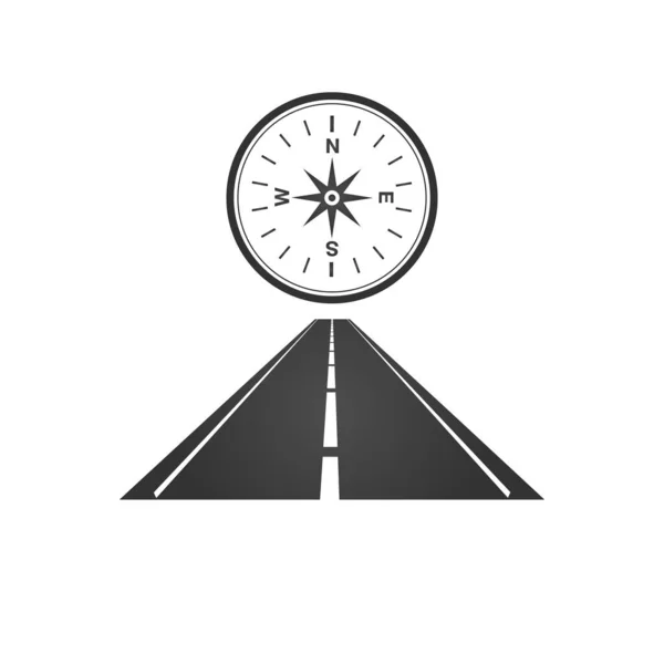 Logo de un camino minimalista con una carretera y una franja divisoria punteada y brújula. Ilustración vectorial aislada sobre fondo blanco . — Vector de stock