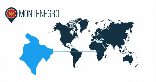Montenegro ubicación en el mapa del mundo para las infografías. Todos los países del mundo sin nombres. Montenegro bandera redonda en el mapa pin o marcador. ilustración vectorial sobre fondo despojado . — Archivo Imágenes Vectoriales