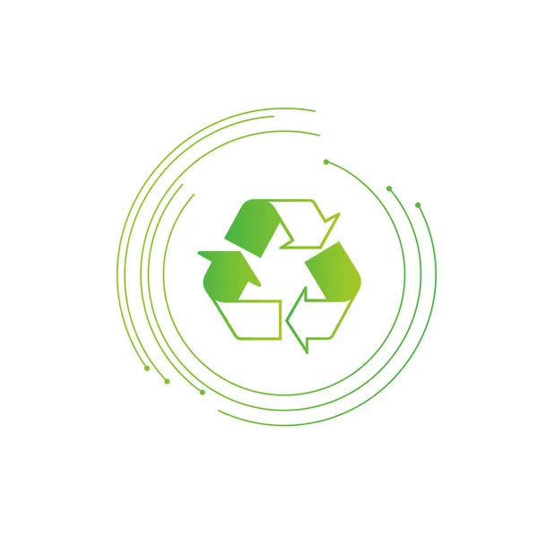 Segno di riciclaggio con tre frecce in cerchi futuristici. Illustrazione vettoriale. Illustrazione vettoriale di serie isolata su sfondo bianco . — Vettoriale Stock