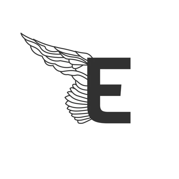 Elégante lettre dynamique E avec aile. Conception linéaire. Peut être utilisé pour le tatouage, tout service de transport ou dans les zones sportives. Illustration vectorielle isolée sur fond blanc — Image vectorielle