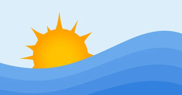 Fundo de verão. Sol e ondas de água. Nascer ou pôr-do-sol no oceano ou no mar. Ilustração vetorial . — Vetor de Stock