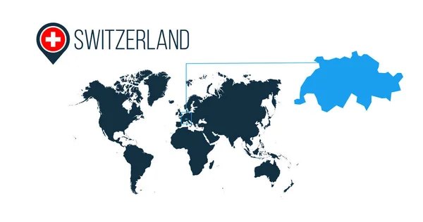 Svizzera posizione sulla mappa del mondo per l'infografica. Tutti i paesi del mondo senza nomi. Svizzera bandiera rotonda nel pin mappa o marcatore. illustrazione vettoriale su sfondo spogliato . — Vettoriale Stock