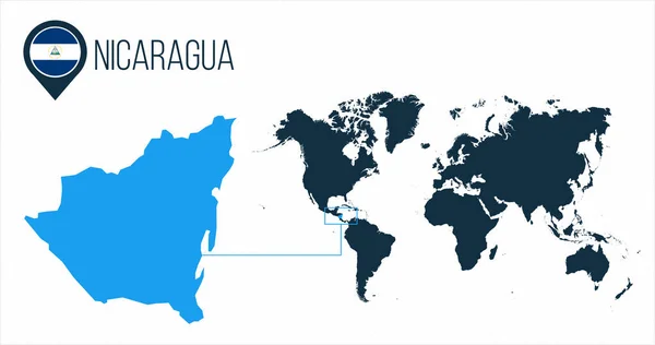 Mapa de Nicaragua ubicado en un mapa mundial con bandera y mapa puntero o pin. Mapa infográfico. Ilustración vectorial aislada sobre fondo blanco . — Archivo Imágenes Vectoriales