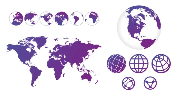 Weltkarte mit einer Reihe von Globen linearen Symbolen und verschiedenen Seiten. Design-Informationen, Geschäftsdiagramm und Diagramm. Vektorillustration. — Stockvektor