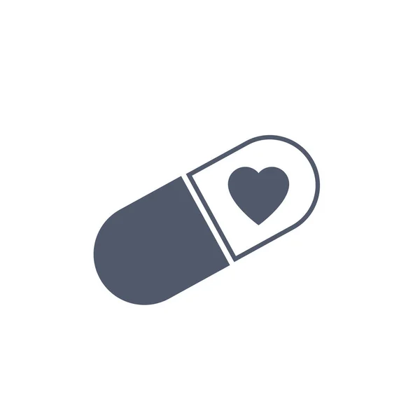 Orvosi szívgyógyszer ikon. Szerelem pirula koncepció. Gyógyszerészeti gyógyszer szimbólum. Vektor illusztráció elszigetelt fehér háttér. — Stock Vector