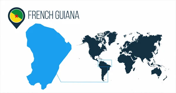 Guyana Francesa mapa situado en un mapa del mundo con la bandera y el mapa de puntero o pin. Mapa infográfico. Ilustración vectorial aislada sobre fondo blanco . — Archivo Imágenes Vectoriales