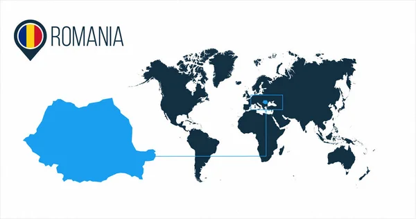 Rumania ubicación en el mapa mundial de infografías. Todos los países del mundo sin nombres. Bandera redonda de Rumania en el mapa pin o marcador. ilustración vectorial sobre fondo despojado . — Archivo Imágenes Vectoriales