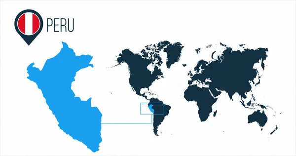 Perú mapa situado en un mapa del mundo con la bandera y el mapa puntero o pin. Mapa infográfico. Ilustración vectorial aislada sobre fondo blanco . — Archivo Imágenes Vectoriales