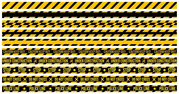 Vectorset van waarschuwingstapes op de achtergrond. Illustratie bestaat uit Voorzichtigheid buiten te houden, Niet oversteken, Police Line Under Construction tape met tekst en verschillende tapes zonder borden. Volledig bewerkt — Stockvector