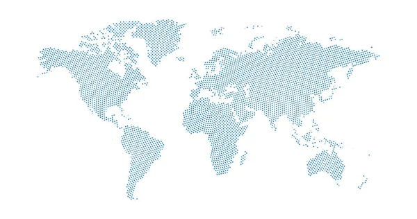 Zwarte halve toon omcirkeld gestippelde blauwe wereldkaart. Vector illustratie. Dotted map in plat ontwerp. Vector illustratie geïsoleerd op witte achtergrond — Stockvector