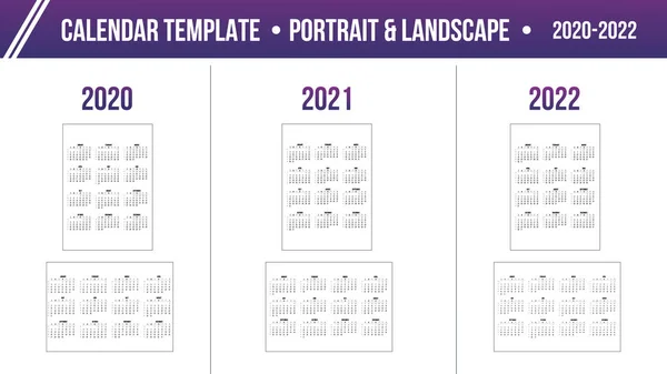 Ημερολόγιο 2020 2021 2022 έτος Πλέγμα πρότυπο σε Πορτρέτο και τοπίο απλό στυλ. Η εβδομάδα αρχίζει από την Κυριακή. Εικονογράφηση διανύσματος αποθέματος απομονωμένη σε λευκό φόντο. — Διανυσματικό Αρχείο