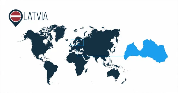 Lettonia posizione sulla mappa del mondo per l'infografica. Tutti i paesi del mondo senza nomi. Lettonia bandiera rotonda nel pin mappa o marcatore. illustrazione vettoriale su sfondo spogliato . — Vettoriale Stock