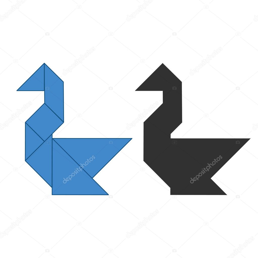 swan Tangram. Traditional Chinese dissection puzzle, seven tiling pieces - geometric shapes: triangles, square rhombus , parallelogram. Board game for kids that helps to develop analytical skills. Vec