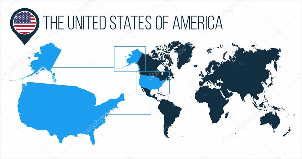 The United States of America USA map located on a world map with flag and map pointer or pin. Infographic map. Vector illustration isolated on white background.