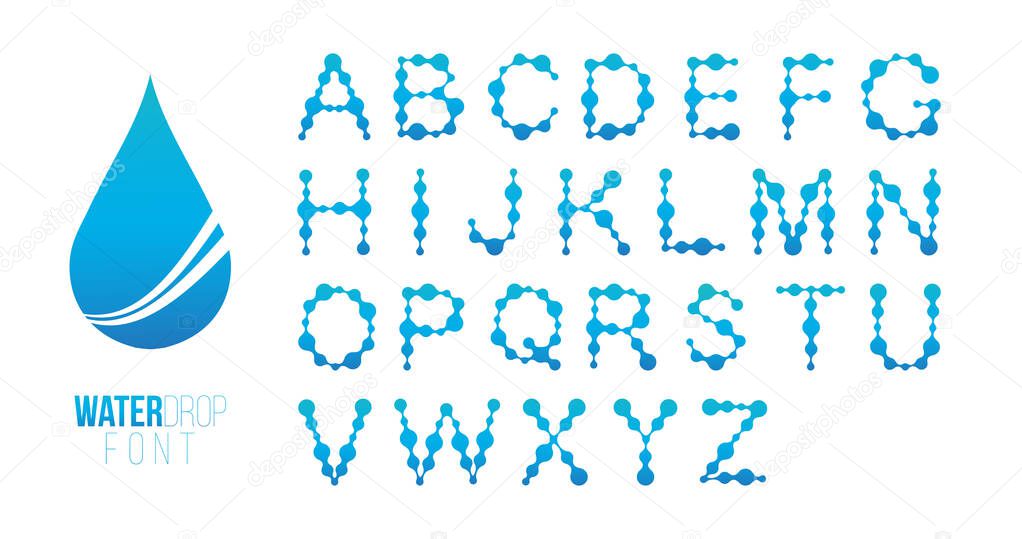 Water Alphabet molecule structure font with dot shape. perfect for technology,software, network and science brand. Liquid gradient shape, ecology with water