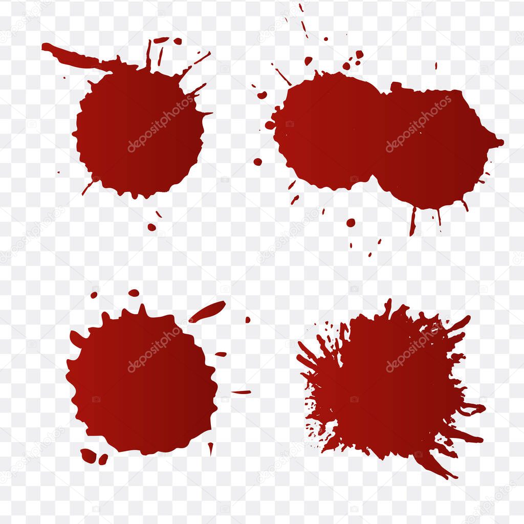 Realistic blood splatters and blood drops vector set. Splash red ink. vector illustration isolated on transparent background.