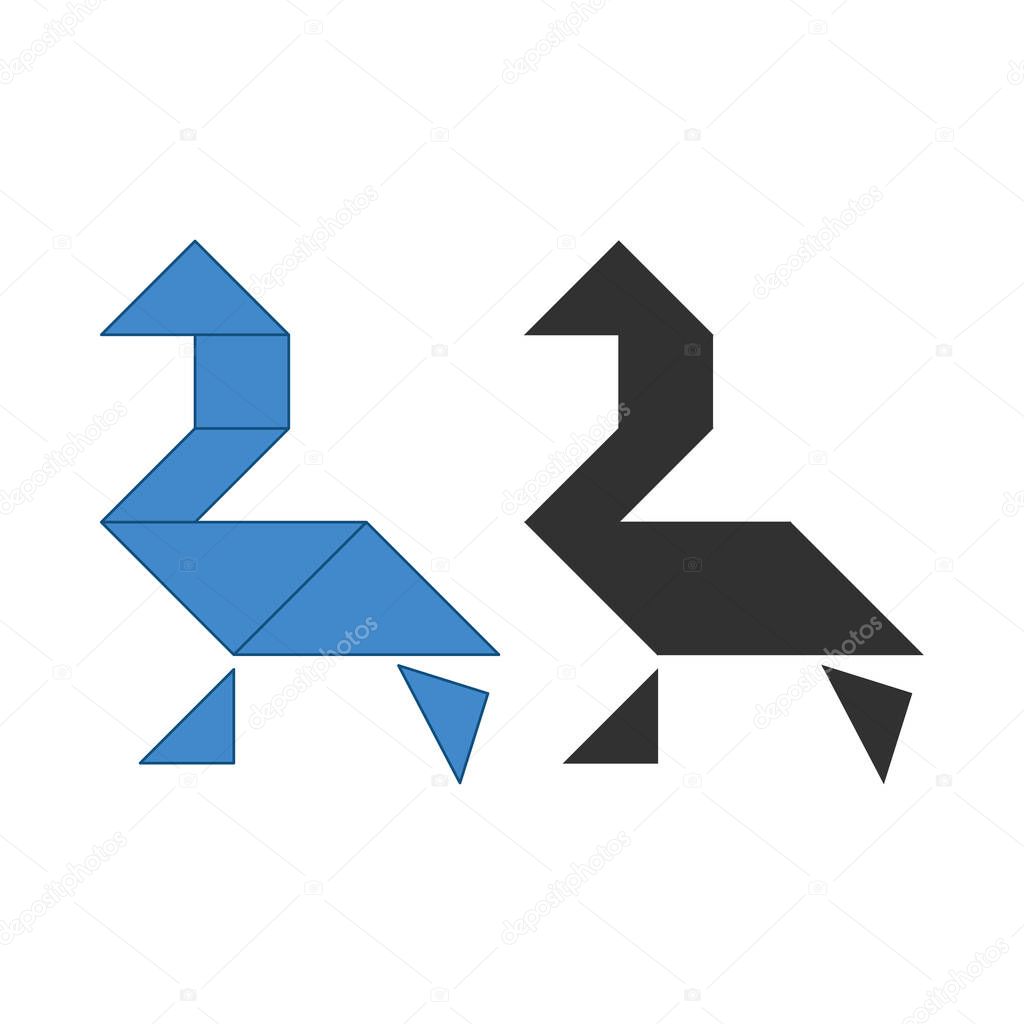 Swan Tangram. Traditional Chinese dissection puzzle, seven tiling pieces - geometric shapes: triangles, square rhombus , parallelogram. Board game for kids that helps to develop analytical skills.