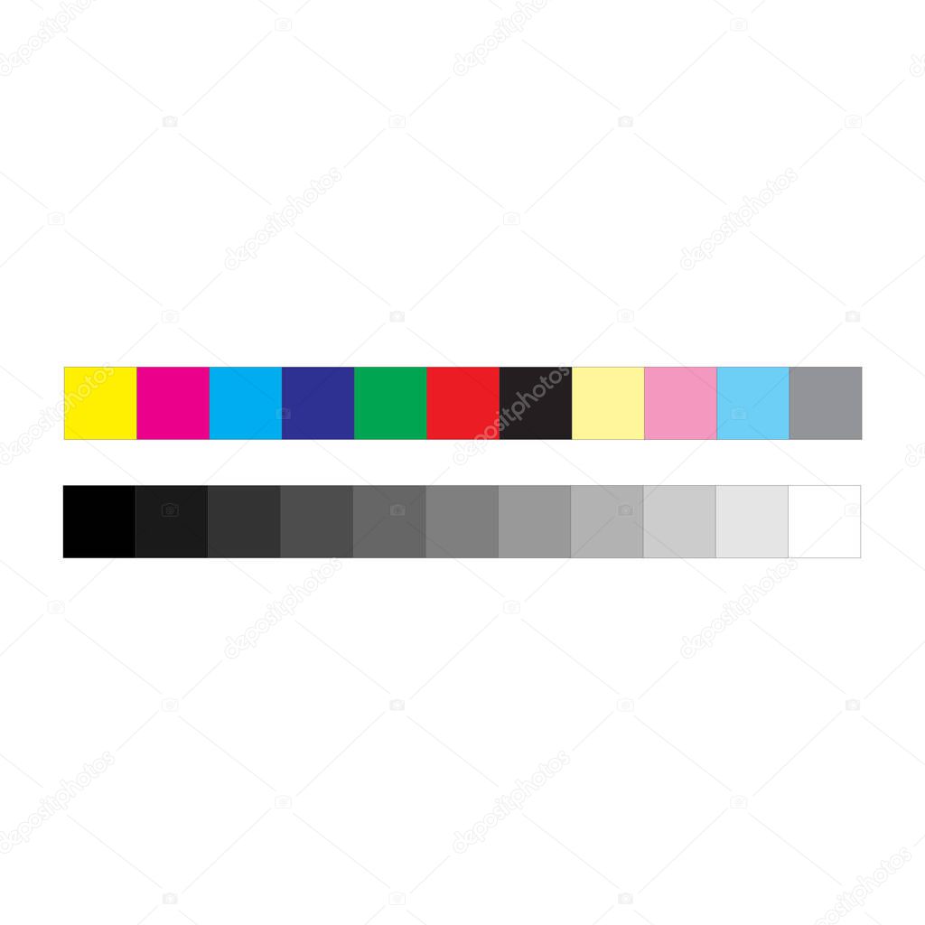 CMYK press marks color and greyscale bar, vector illustration isolated on white background.