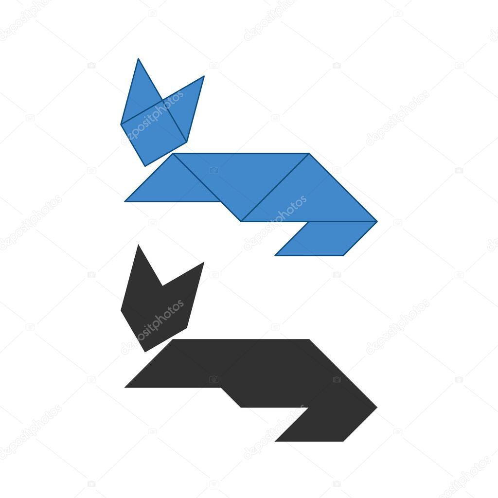 cat Tangram. Traditional Chinese dissection puzzle, seven tiling pieces - geometric shapes: triangles, square rhombus , parallelogram. Board game for kids that helps to develop analytical skills. Vect