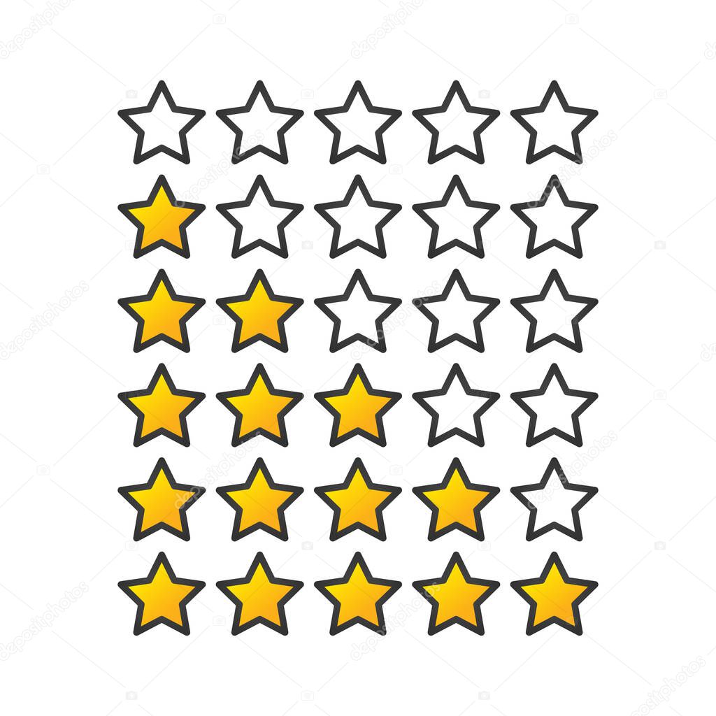 Yellow or gold gradient Star raiting icons. Giving five stars raiting flat design. Vector illustration isolated on white background.