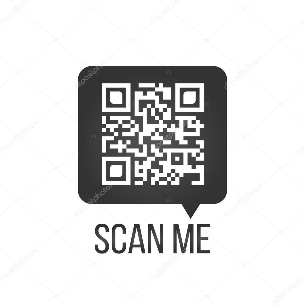 QR code in speech bubble, scan me concept, vector icon or symbol isolated on white background.